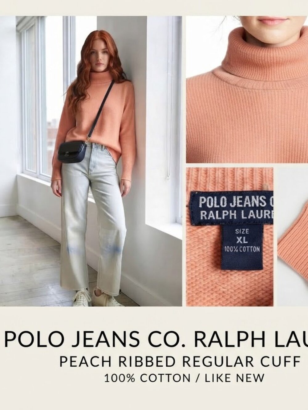 Polo Jeans Co Ralph Lauren Peach Ribbed Turtleneck Sweater XL 100% Cotton